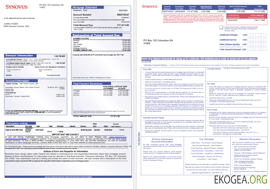 Relevé hypothécaire de la banque USA Synovus aux formats Word et PDF, 3 pages 1 , 2